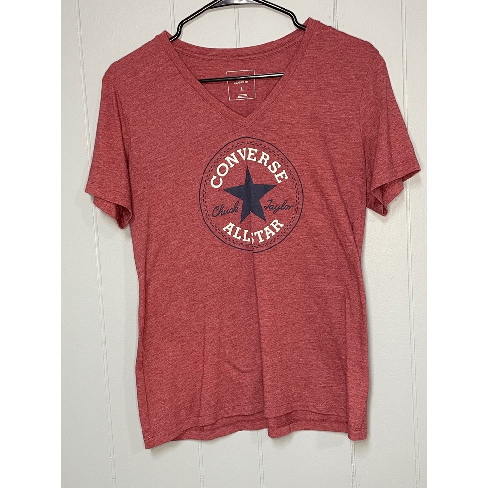 Converse Graphic Tee Womens Large Red Excellent V-Neck Chuck Taylor All Star